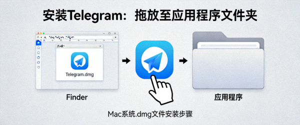 Mac系统打开.dmg文件并将Telegram图标拖入应用程序文件夹的示意图