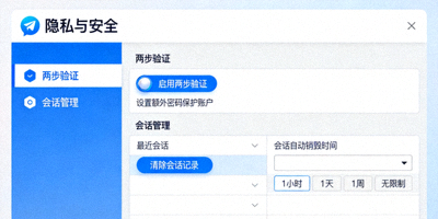 Telegram电脑版安全性与隐私设置选项界面 - 两步验证、会话管理