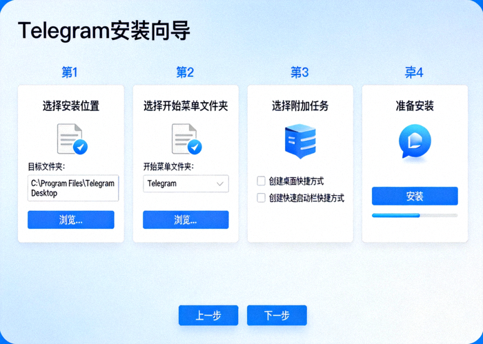 Telegram电脑版安装向导界面截图，展示典型安装步骤