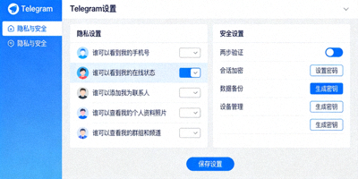 Telegram电脑版安全性与隐私设置选项界面