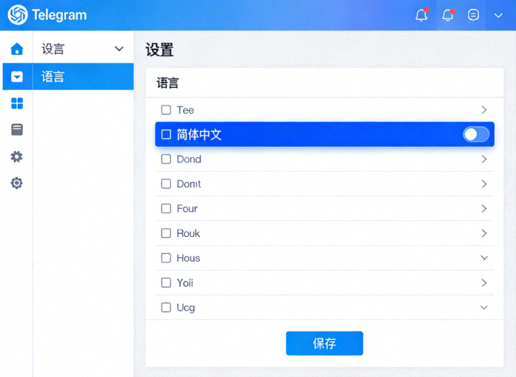 Telegram电脑版设置中的语言选择菜单截图，展示简体中文选项