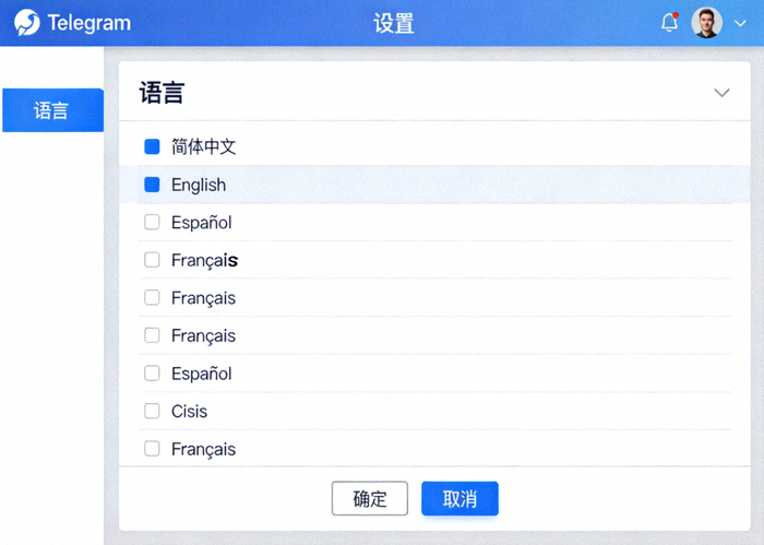 Telegram电脑版设置中的语言选项页面截图