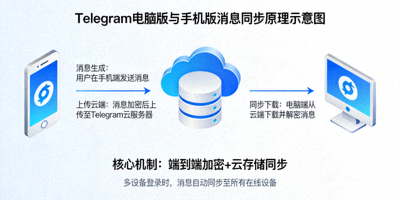Telegram电脑版与手机版消息同步原理示意图 - 云同步机制