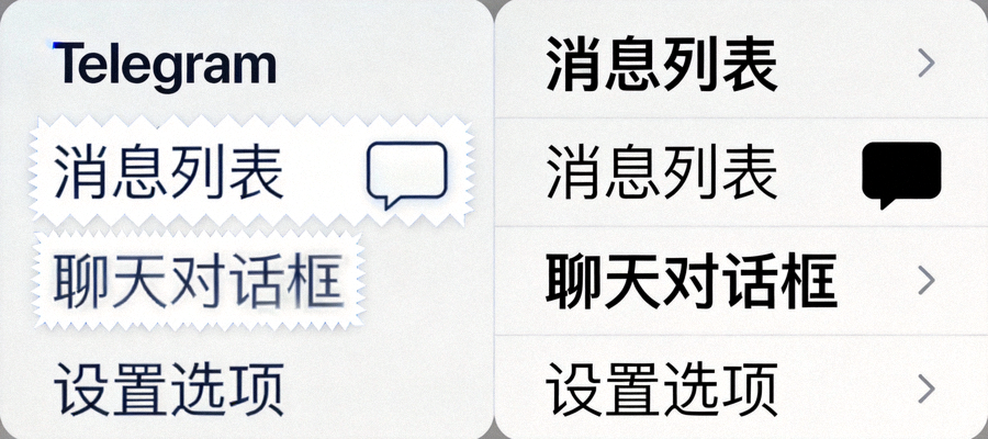 Telegram新旧版本中文字体渲染对比图，左侧为旧版，右侧为新版优化后的清晰显示